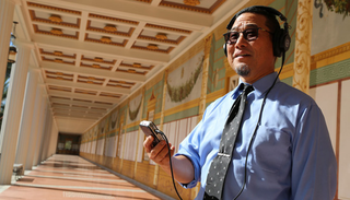 Nakagawa recording sound as part of a show currently up at the Getty Villa, “myth Not Myth”